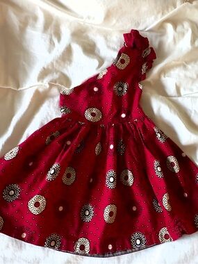 MaChere Boutique Shoulder Ruffle Dress - Red African Wax Print, Toddler Size 2-3